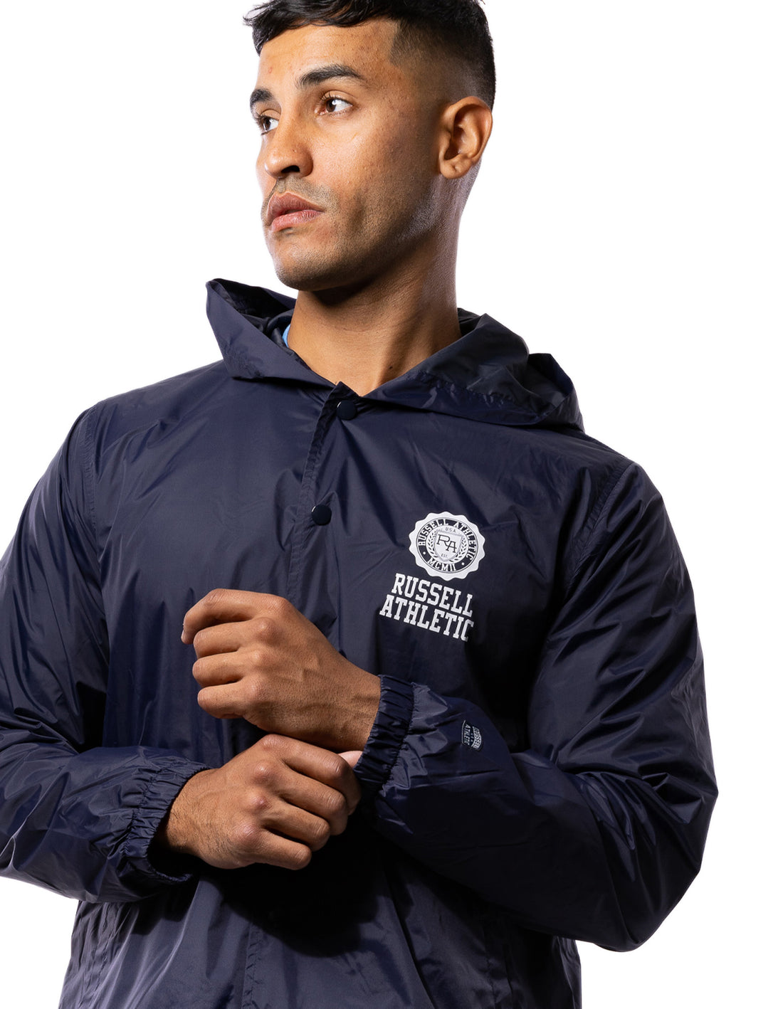 Russell Athletic Hooded Coaches Men Jackets Navy | UJZBY-2697