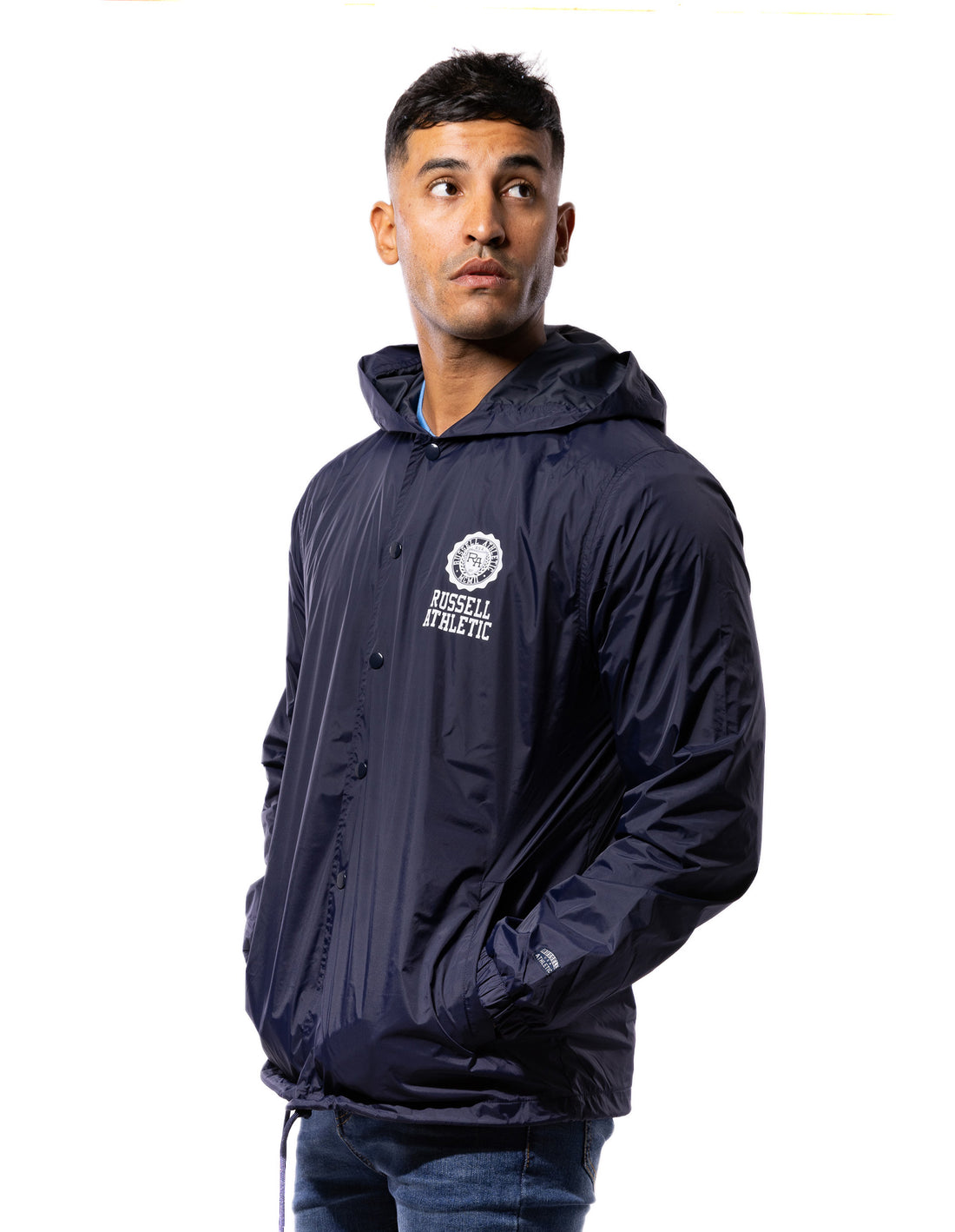 Russell Athletic Hooded Coaches Men Jackets Navy | UJZBY-2697