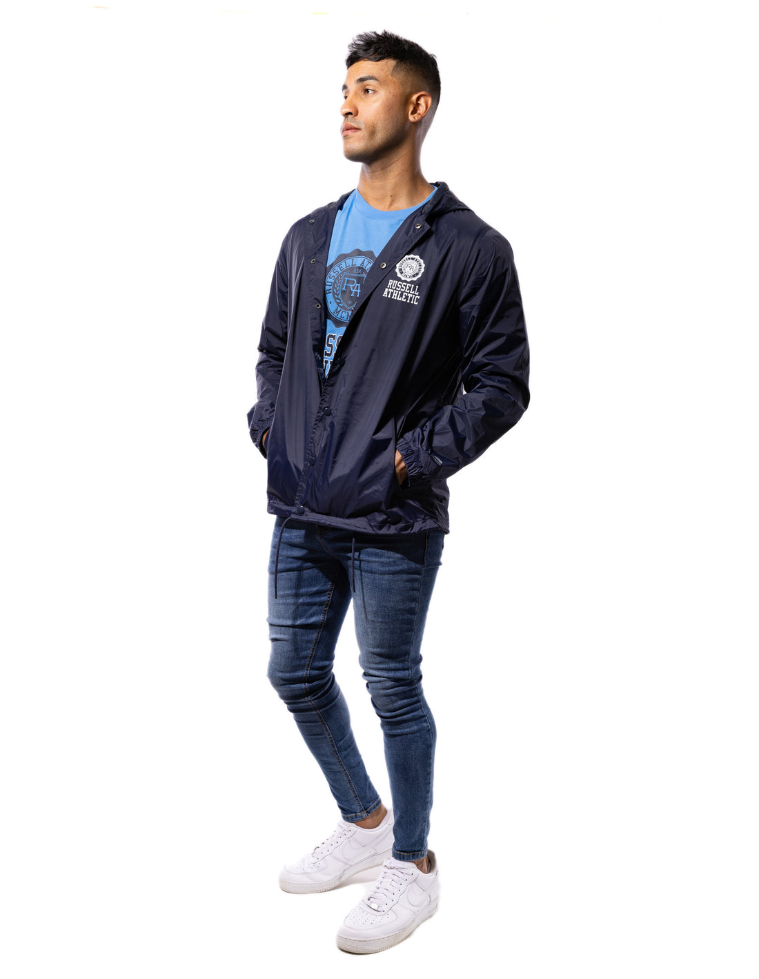 Russell Athletic Hooded Coaches Men Jackets Navy | UJZBY-2697