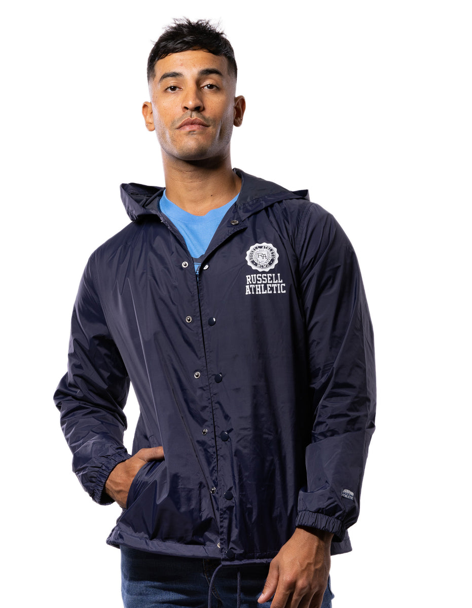 Russell Athletic Hooded Coaches Men Jackets Navy | UJZBY-2697