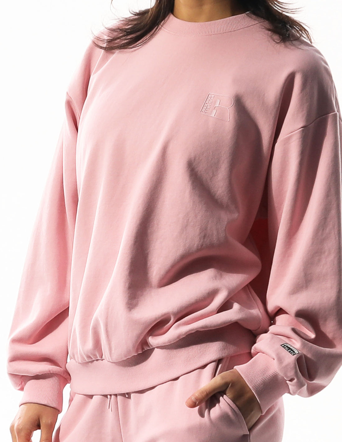 Russell Athletic Inlay Logo Unbrushed Women Crew Neck Sweaters Rose Pink | ZDTJB-2437