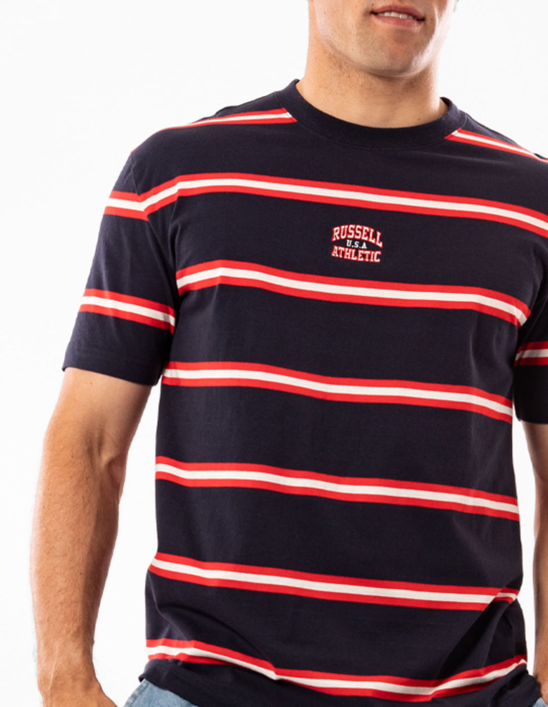 Russell Athletic Kansas Stripe Men T Shirts Navy | CJOUG-7382