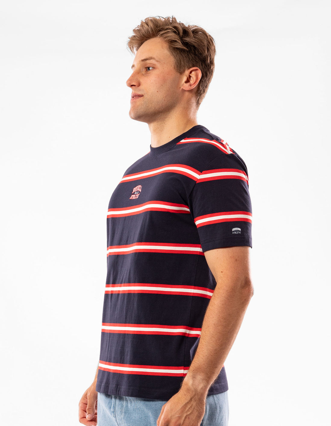 Russell Athletic Kansas Stripe Men T Shirts Navy | CJOUG-7382