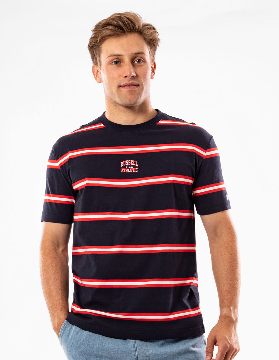 Russell Athletic Kansas Stripe Men T Shirts Navy | CJOUG-7382