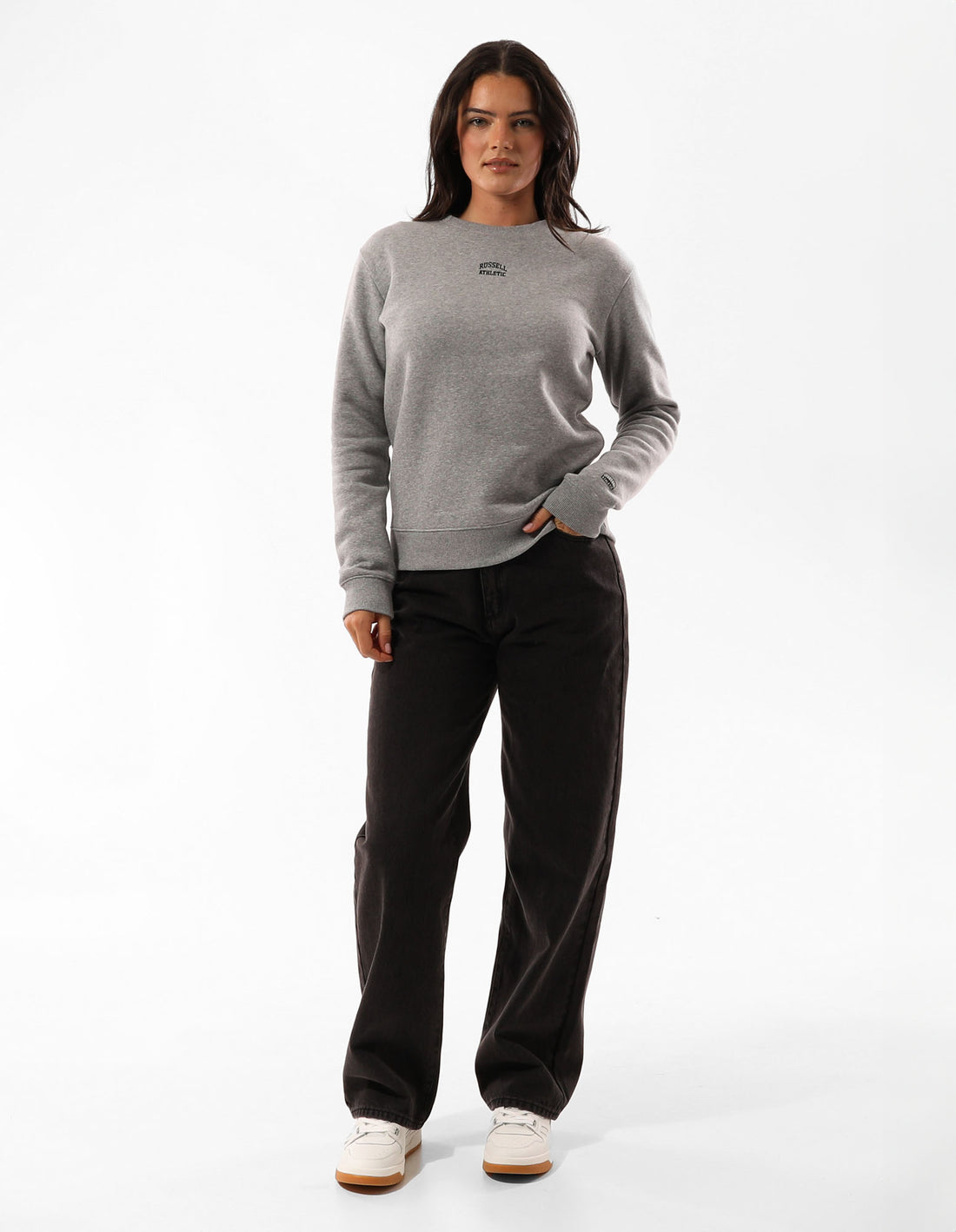 Russell Athletic Originals Embroidered Women Crew Neck Sweaters Grey | OWZSM-7039