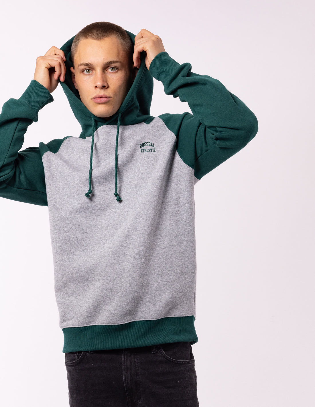 Russell Athletic Originals Small Arch Raglan Men Hoodie Green | URNWY-1428