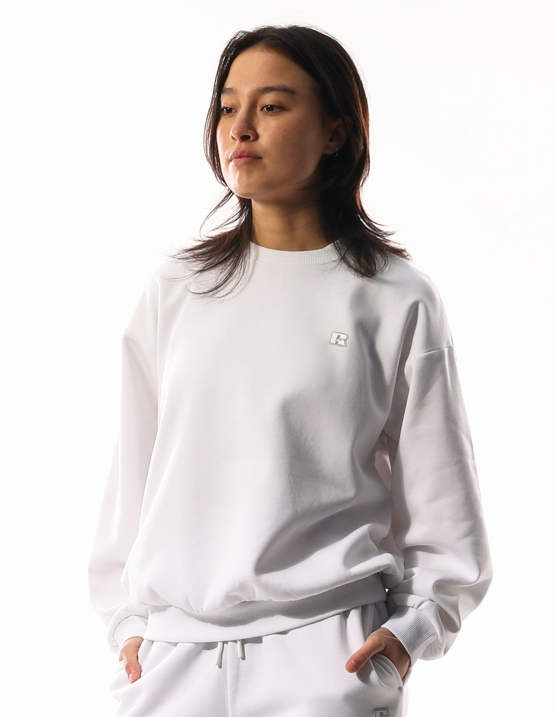 Russell Athletic R Logo Women Crew Neck Sweaters White | KJORV-0185