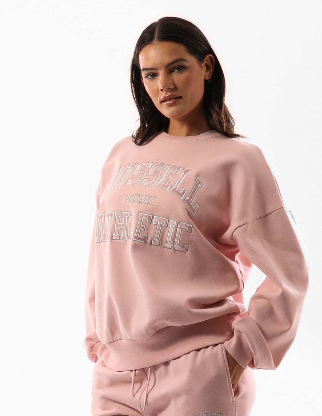 Russell Athletic Seattle Arch Oversized Women Crew Neck Sweaters Rose Pink | QICZX-1096