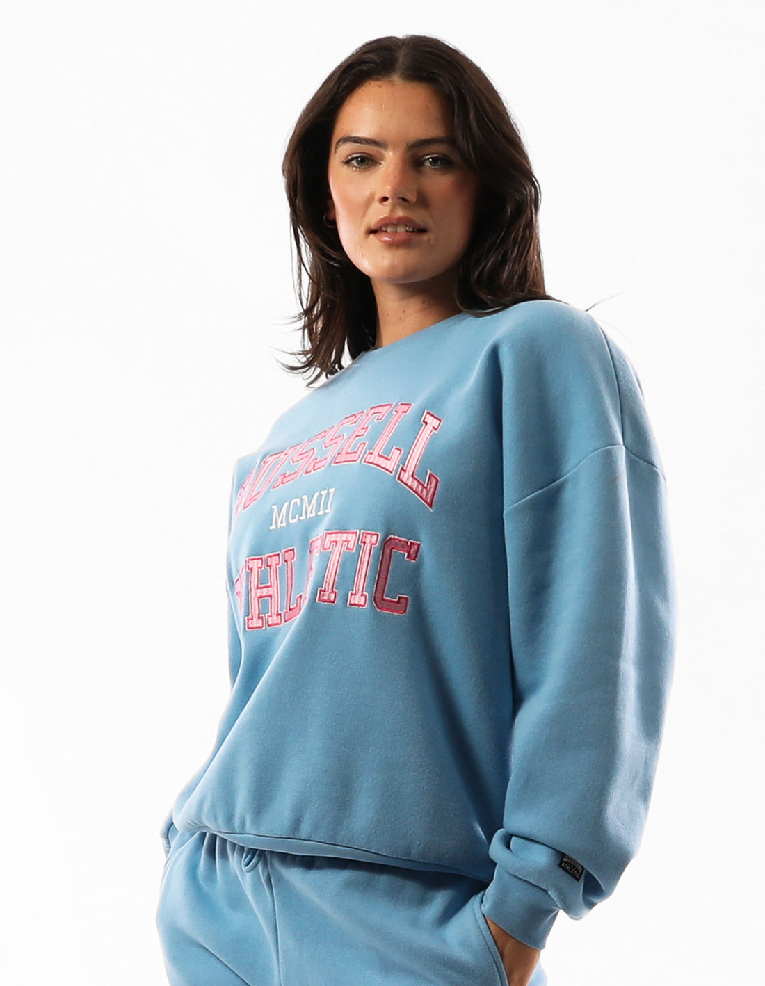 Russell Athletic Seattle Arch Oversized Women Crew Neck Sweaters Blue | FUCBL-2459