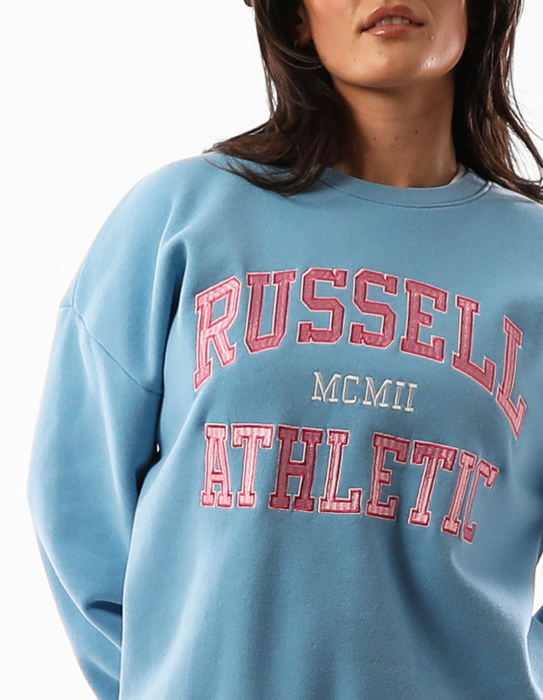 Russell Athletic Seattle Arch Oversized Women Crew Neck Sweaters Blue | FUCBL-2459