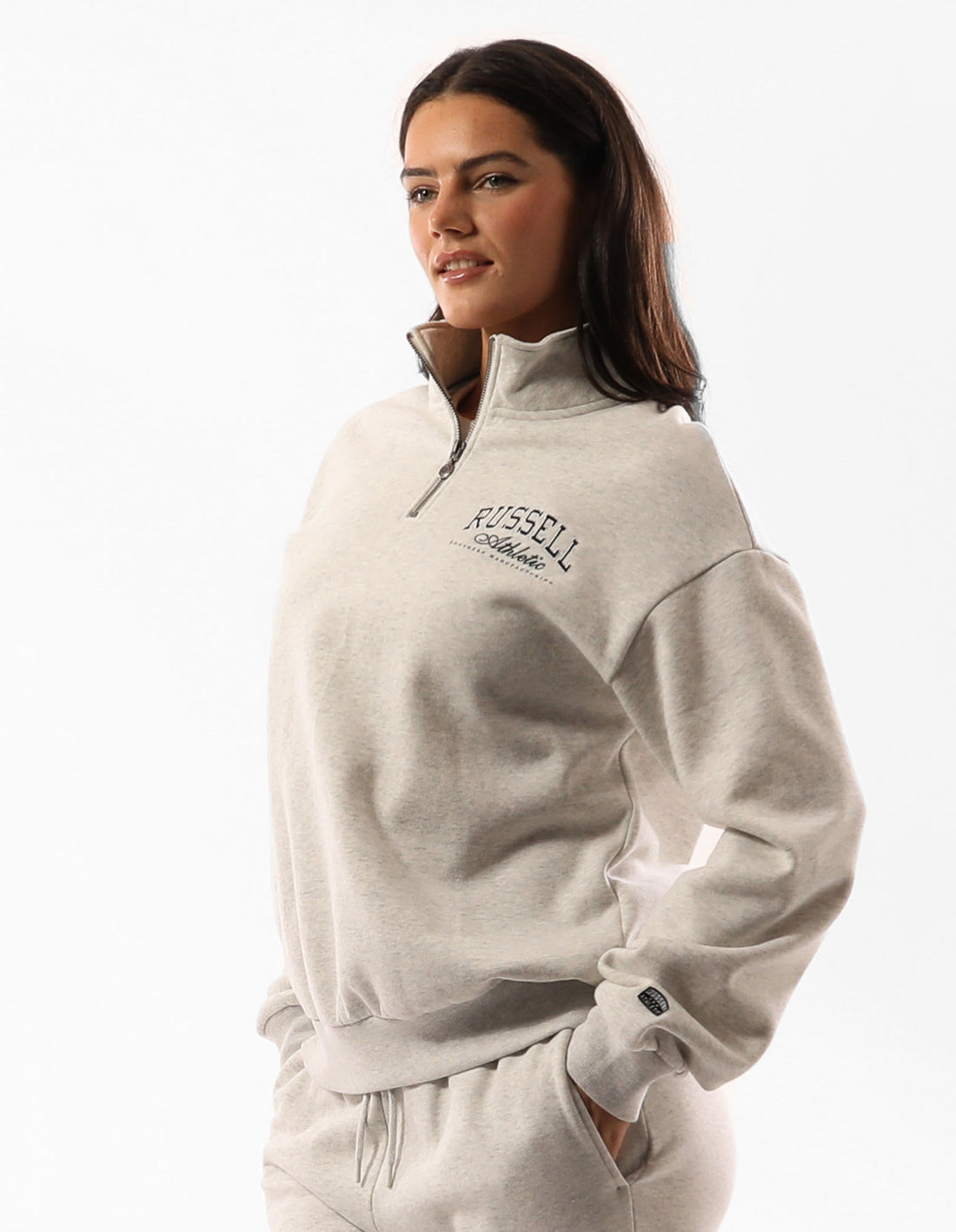 Russell Athletic Tribecca Oversized 1/4 Zip Women Crew Neck Sweaters Beige | AZGTN-6942